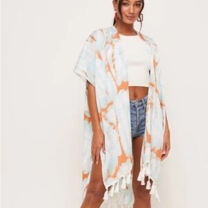 Lush size medium light blue, white and orange open front kimono coverup